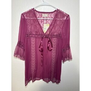 NWT Free People Raspberry Lace Bell Sleeve Top Size M